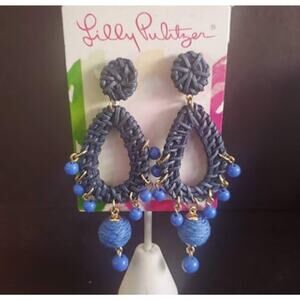 Lilly Pulitzer Alba Blue GWP Raffia Statement Earrings Teardrop Tropical Coastal